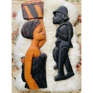 2 Wooden Hand crafted African Carved Wall Hangings Village Matron Fisherman